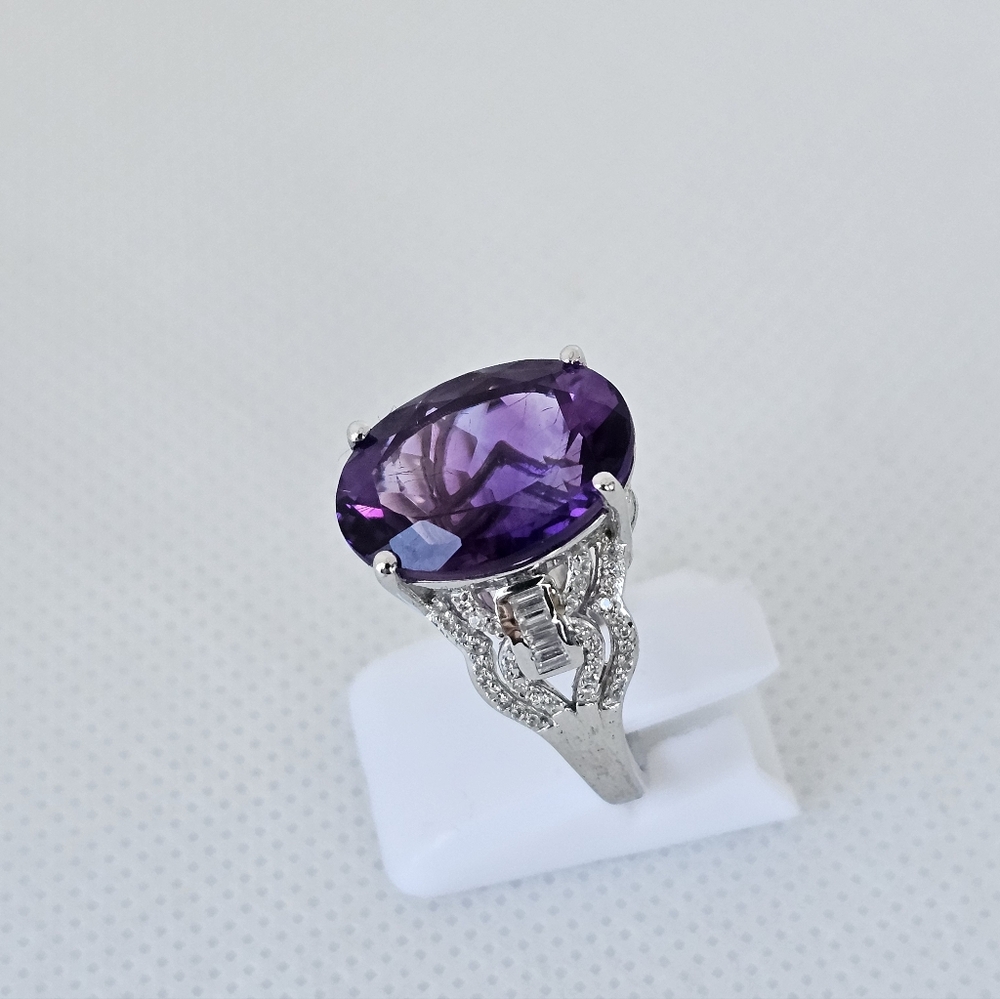 Natural Morrocan Amethyst & White Zircon Ring Sterling Silver Rhodium Sz 7 - Picture 4 of 10